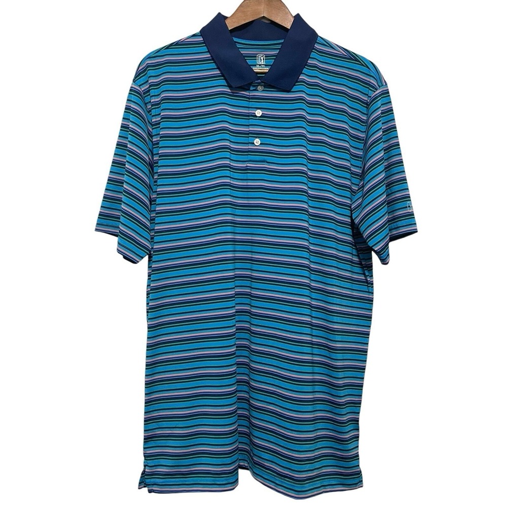 PGA Tour Mens Polo‎ Shirt XL Blue Striped Short Sleeve Golf Performance Athletic